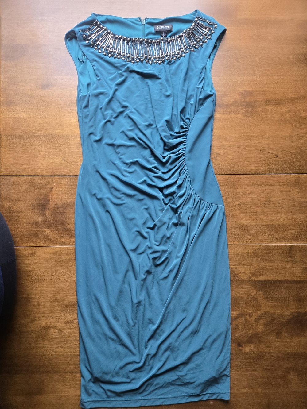 Adrianna Papell Teal Beaded Neck Ruched Midi Dress